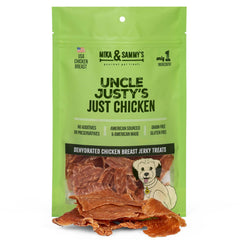 Mika and Sammy's Uncle Justy's jerky packaging front-view showing premium USA-made chicken treats.
