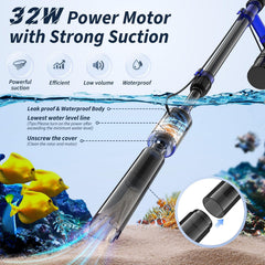 Mildhug telescopic pole extended for reach cleaning in tall aquariums.