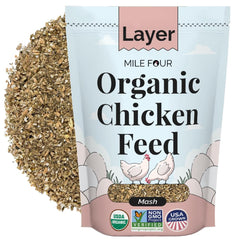 Mile Four Layer Mash bag highlighting organic, non-GMO feed from USA farms.