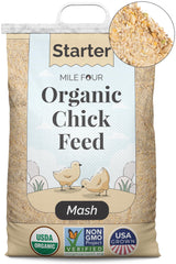 Mile Four organic chicken-feed bag with a sturdy handle for easy carrying.