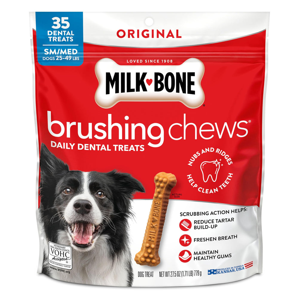Milk-Bone Brushing Chews pack supports daily dental care for dogs.