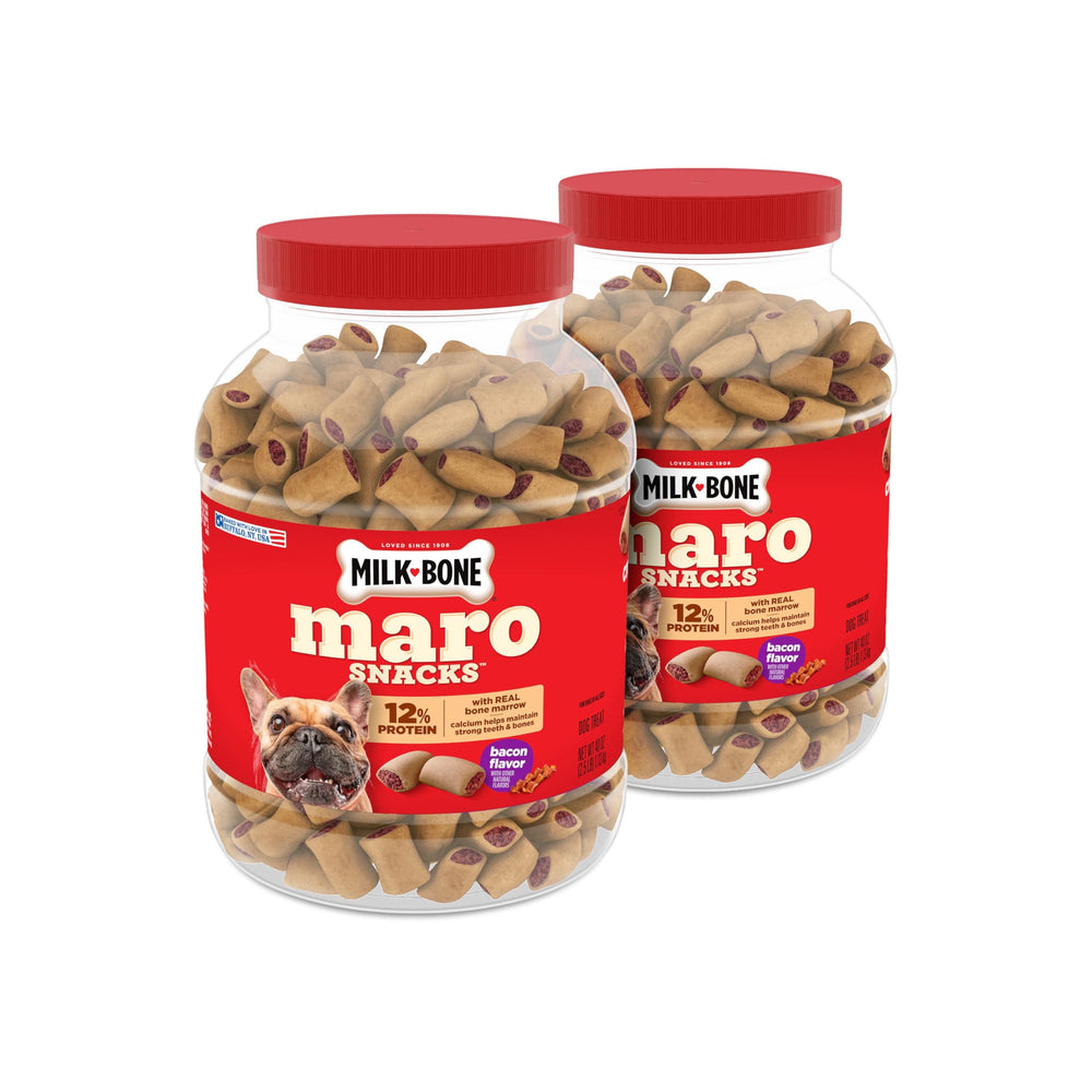Milk-Bone MaroSnacks bacon flavor packaging design highlights two 40-ounce bags for easy storage