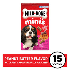 Milk-Bone Mini peanut butter bacon treats, bone-shaped crunch for rewards.