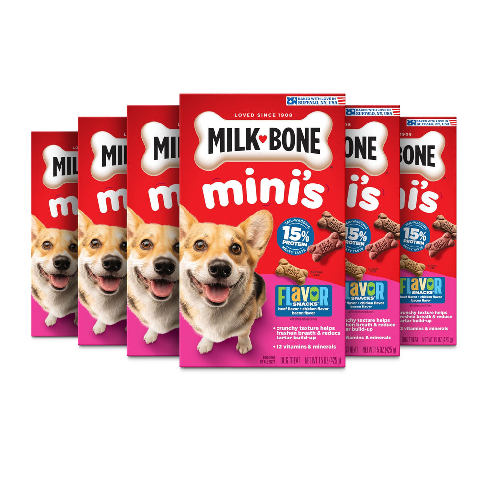 Milk-Bone Minis Flavor Snacks packaging showing six boxes, ideal for bulk rewards.