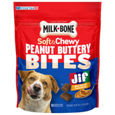 Milk-Bone Peanut Buttery Bites bag front with soft treats and Jif aroma.