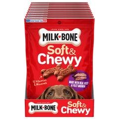 Milk-Bone Soft & Chewy with real beef ingredients for a tasty, protein-rich snack.