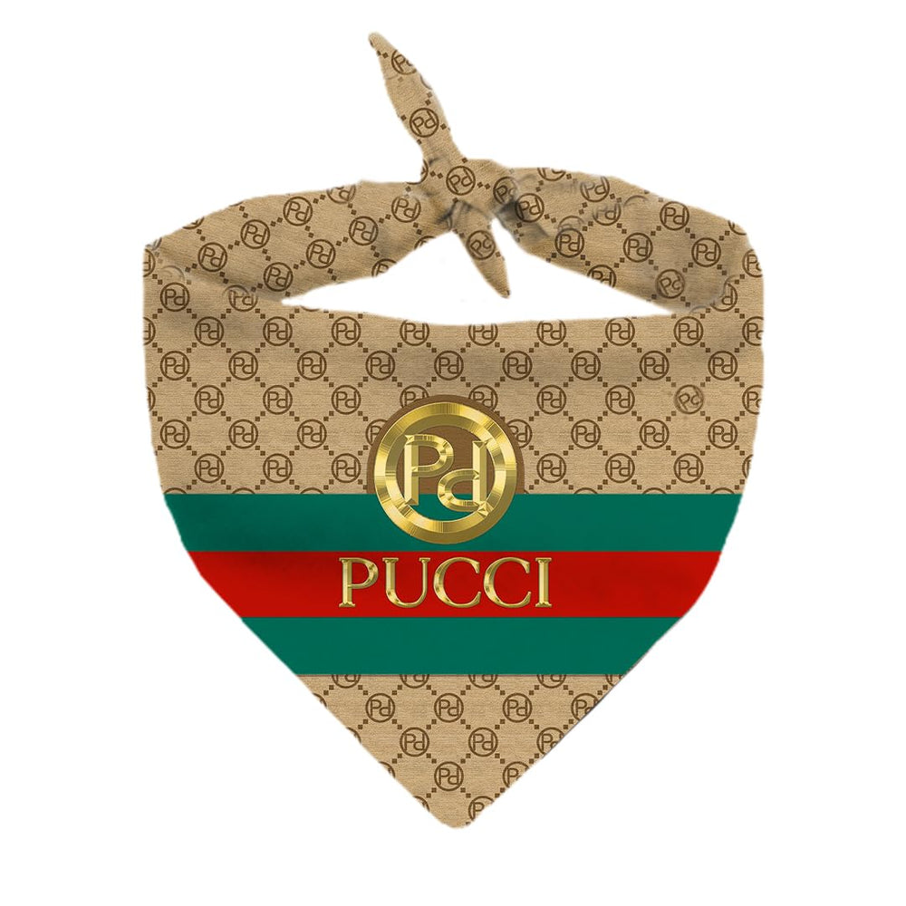 Millionaire Mutt Pucci designer bandana for dogs, photo shoot ready, bright colors boost social media appeal.