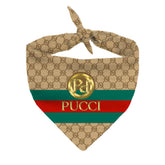 Millionaire Mutt Pucci designer bandana for dogs, photo shoot ready, bright colors boost social media appeal.