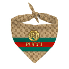 Millionaire Mutt Pucci designer bandana for dogs, photo shoot ready, bright colors boost social media appeal.