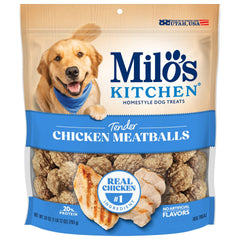 Milo's Kitchen Chicken Meatballs dog treats bag front, savory reward for dogs.