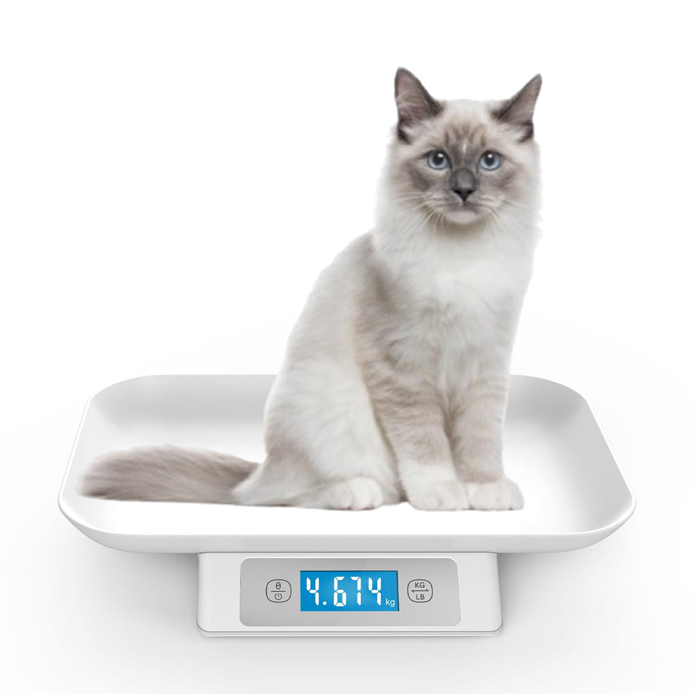 MINDPET-MED digital pet scale shown with tray and clear readout for small pet weigh-ins