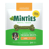 Minties dental chews for large dogs over 50 lbs, 24-bone pack supports fresh breath.
