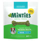 Minties dental chews packaging showing mint flavor and home dental care benefits