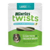Minties Twists dog dental bone treat 40-count pack supports fresh breath and clean teeth.