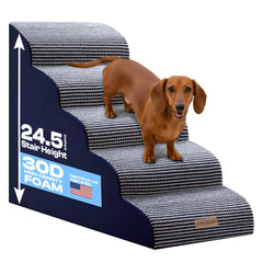 Miorun curved dog stairs on a high bed help small dogs reach the mattress safely.