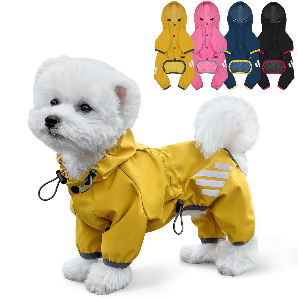 Miucat dog raincoat yellow hood protects your pup from rain and wind during walks.