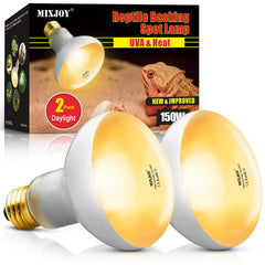 MixJOY 150W reptile heat lamp bulbs two-pack in packaging, ready for basking.