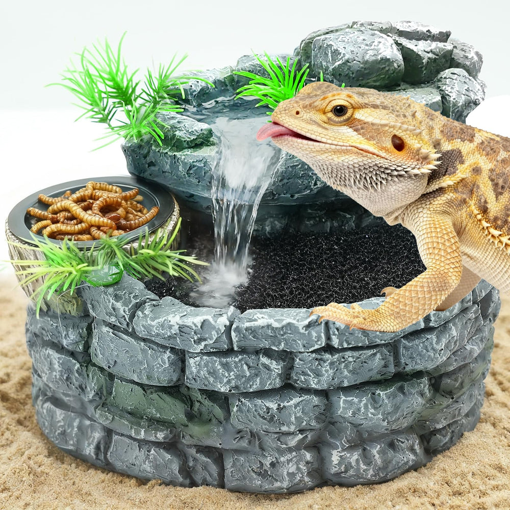 MIXJOY 2in1 reptile fountain with waterfall boosts habitat realism and exploration.