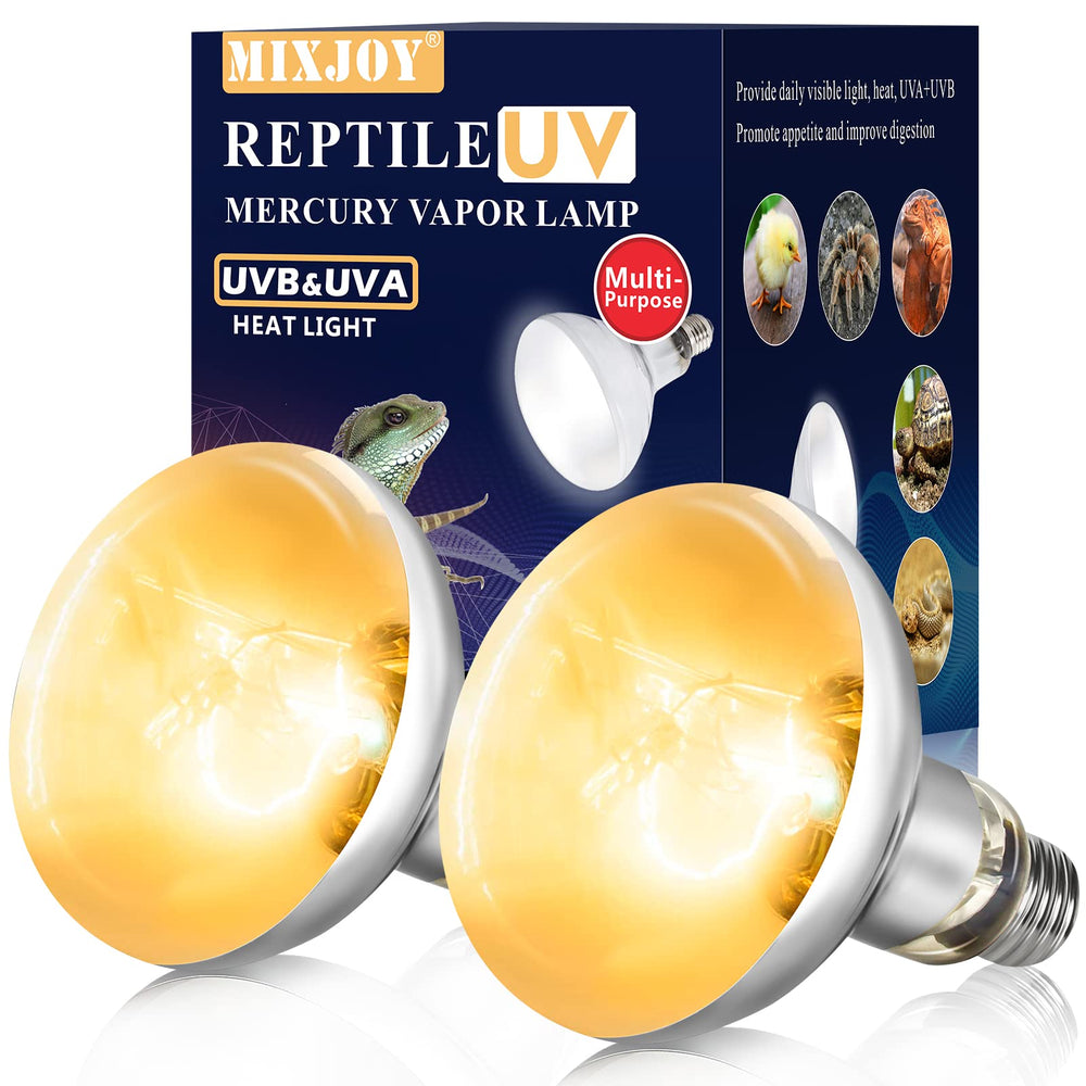 MixJOY 2 Pack 100W reptile heat lamp bulb in use, delivering full-spectrum light.