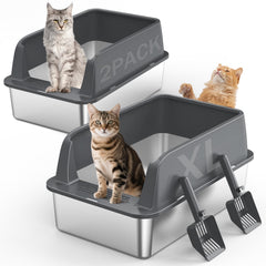 MIXJOY 2-pack stainless steel litter boxes closeup showing durable, easy-to-clean design