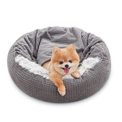 MIXJOY small dog bed with hooded round design and attached blanket for cozy hideaway.