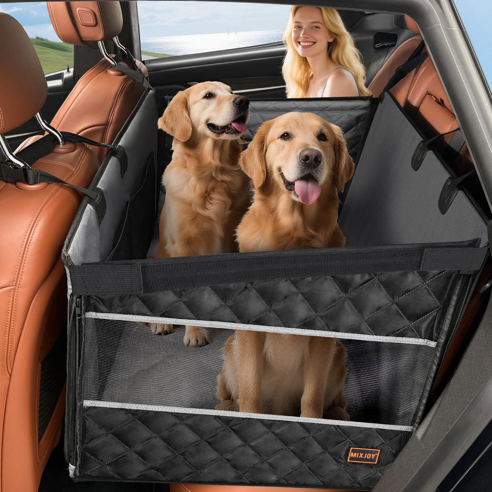 MIXJOY XL back-seat extender creates extra room for dogs on car trips.