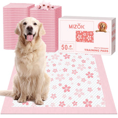 MIZOK dog pee pad with pink cherry blossom design for stylish, mess-free potty training.