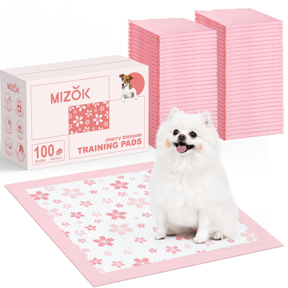 MIZOK puppy pads with pink cherry blossom design create a calm, inviting potty area.