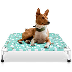 Modorki elevated dog bed set up for indoor and outdoor use, comfortable design.