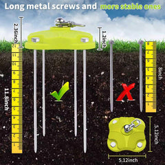 MOLANZ dog stake with green camo base blending into lawn.