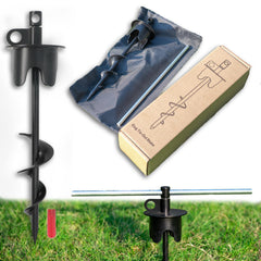 Molvyan dog stake secured in ground for outdoor anchoring.
