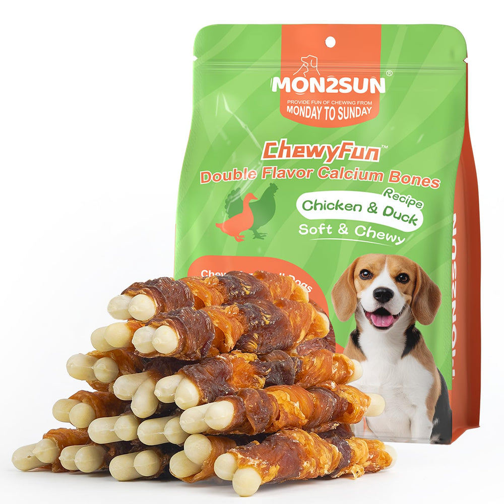 MON2SUN Double Flavor chew for small dogs with chicken and duck wrapped around calcium bone, ideal for chewing.