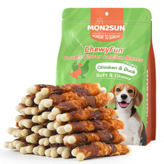 MON2SUN Double Flavor 4-inch chicken-duck wrapped calcium bone for small dogs, dental-friendly chew.