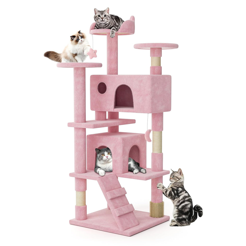 MoNiBloom 54-inch cat tree with pink base provides sturdy play space for indoor cats.