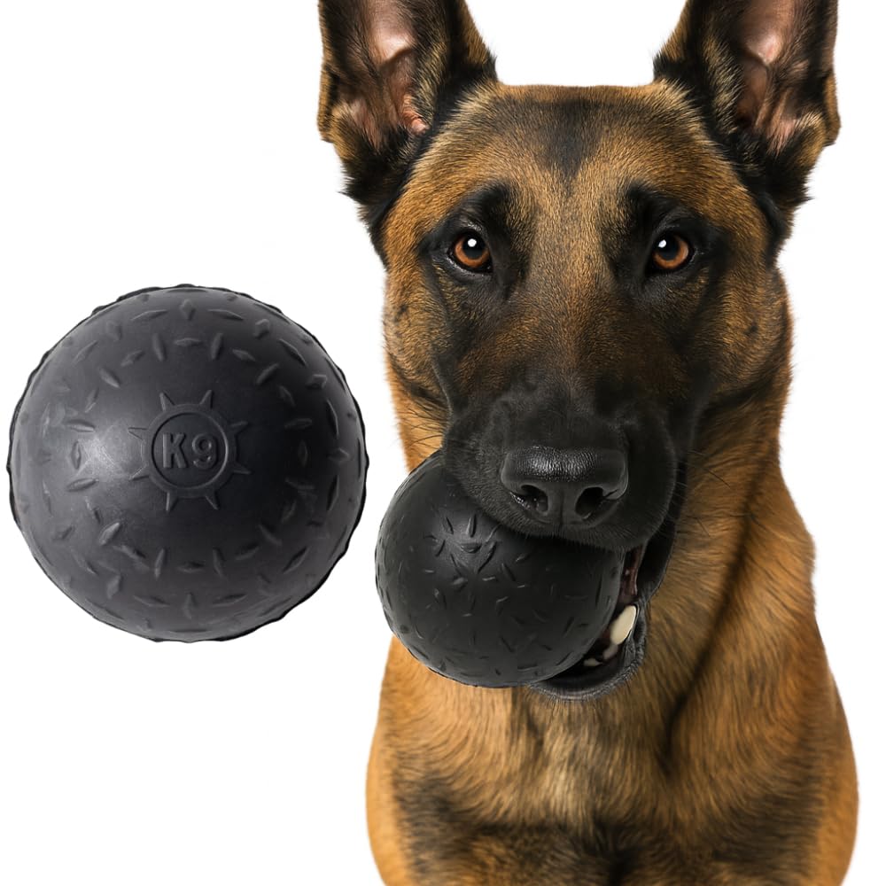 Monster K9 Indestructible Ball closeup shows durable solid-core rubber for tough chewers.