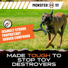 Monster K9 indestructible toy showing natural rubber safety and non-toxic materials.