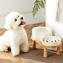 MOPANG wooden stand side view showing elevated bowls for comfort