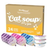 MordyLand Cat Soup Topper with real chicken broth and salmon pieces boosts flavor and hydration.
