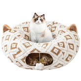 Morikey cat tunnel bed in brown jacquard pattern for cozy lounging