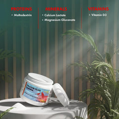 Morning Bird Calcium Plus Powder dissolves in water for quick supplementation.