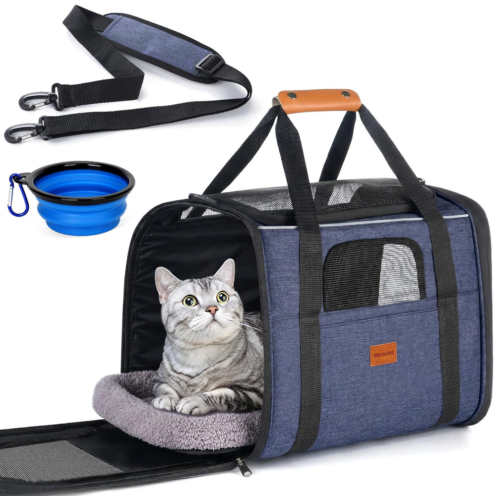 Morpilot pet travel carrier full view shows roomy interior for large cats and medium dogs.