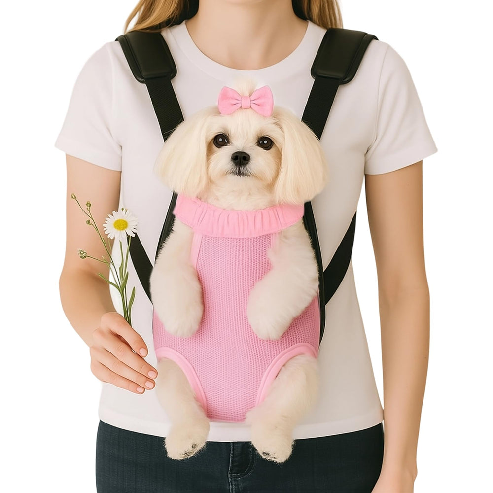 Mosago dog backpack carrier front view with legs-out design for secure, hands-free hiking.