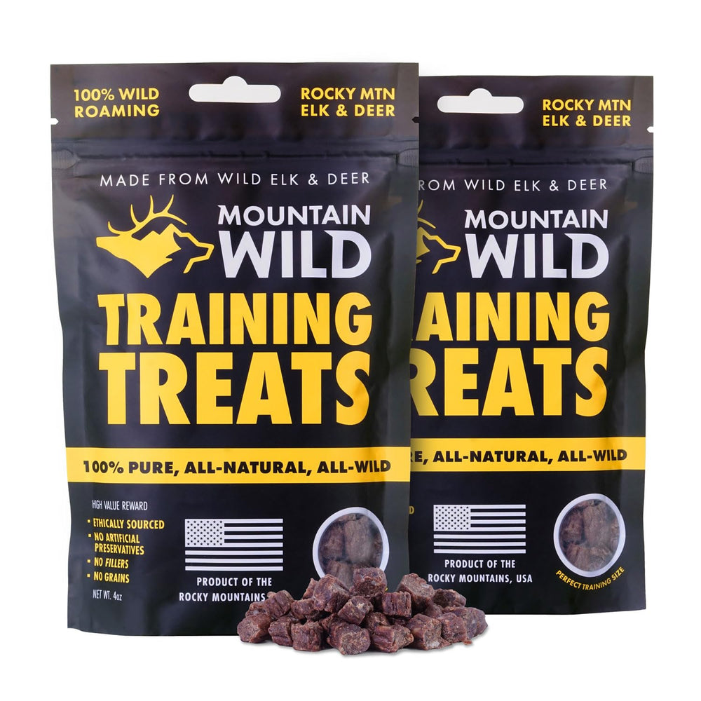 Mountain Wild elk-venison training treats for puppies, high-value reward.