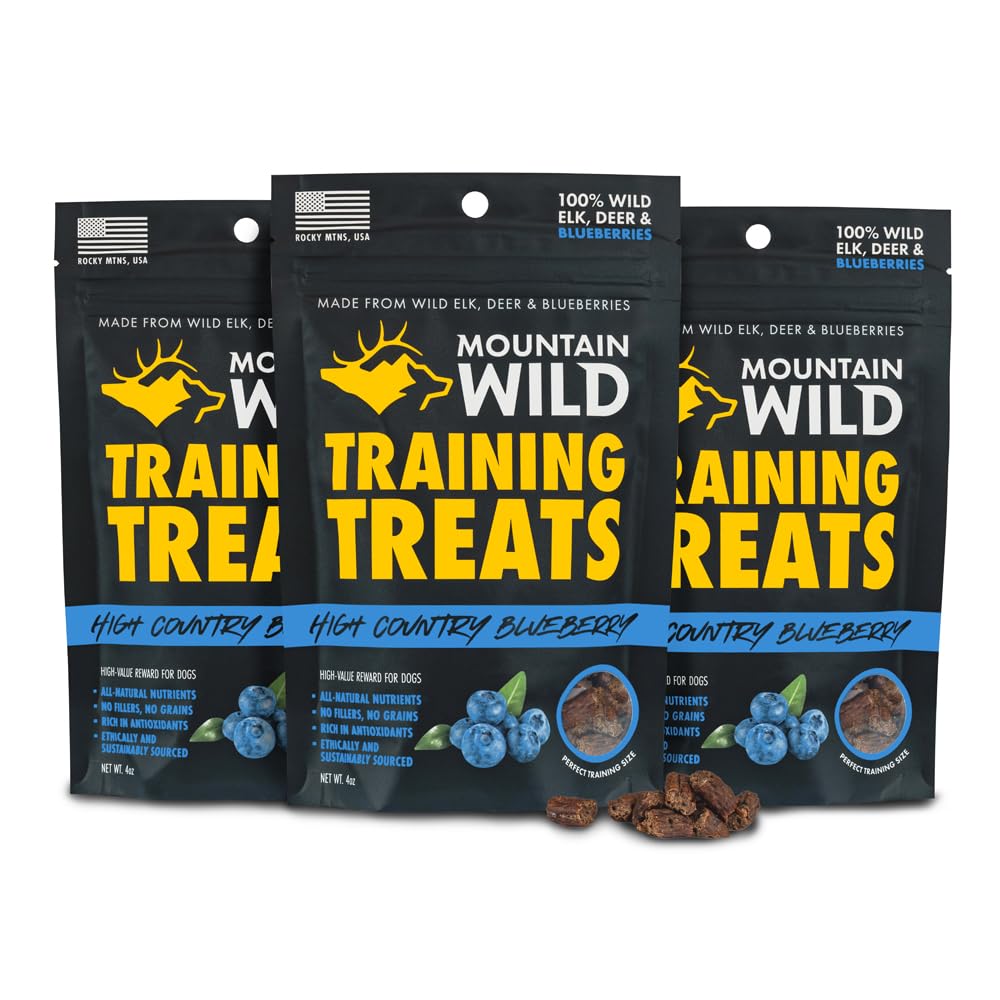 Mountain Wild High Country elk and venison treats in a resealable bag for training rewards