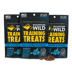 Mountain Wild High Country elk and venison treats in a resealable bag for training rewards