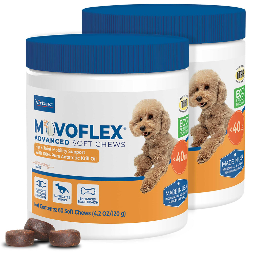 MOVOFLEX Advanced Soft Chews pack shot for small dogs under 40 lbs showing the 120-count jar