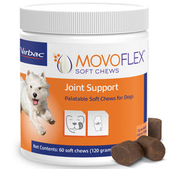 MOVOFLEX soft chews bottle shows vet-approved dog joint support for small breeds.