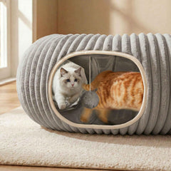 MOYMO cat tunnel bed grey, round entryways ideal for interactive play and hideouts.