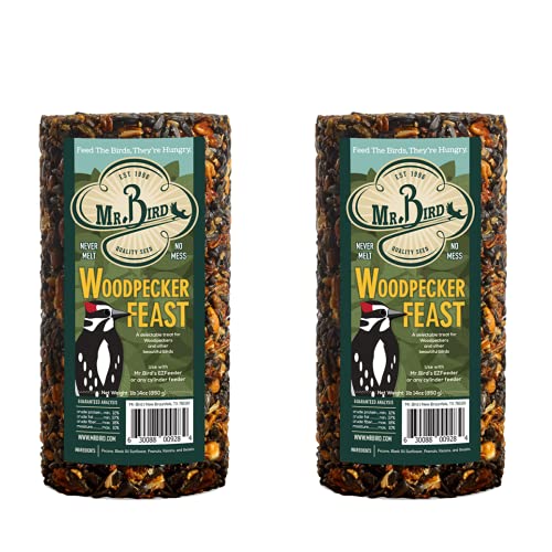 Mr. Bird Woodpecker Feast cylinder-two-pack hangs to attract woodpeckers.