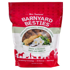 Mrs. Pastures Barnyard Besties packaging showing natural, preservative-free treats for goats and sheep